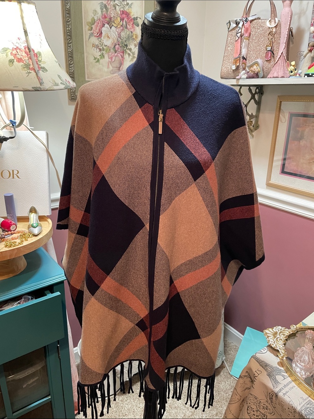 Rachel Zoe Zip-Front Poncho /Cape in Navy ,Rust and Tan
